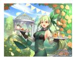  :d blue_sky bow breasts brown_eyes brown_gloves bush cake company_name cup day dessert detached_sleeves dress drink floral_arch flower food gazebo gloves green_bow green_dress green_hair hair_between_eyes holding holding_tray long_hair looking_at_viewer low-tied_long_hair medium_breasts official_art open_mouth ori_simo outdoors sky slice_of_cake smile standing string_of_flags teacup teapot tray tree very_long_hair watermark wixoss yellow_flower 