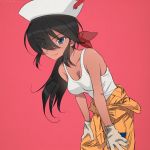  1girl akagi_(fmttps) artist_name bangs black_eyes black_hair bow breasts cleavage closed_mouth commentary cosplay cowboy_shot dark_skin dixie_cup_hat eyebrows_visible_through_hair eyes_visible_through_hair girls_und_panzer gloves hair_bow hair_over_one_eye hands_on_thighs hat hat_feather hoshino_(girls_und_panzer) hoshino_(girls_und_panzer)_(cosplay) leaning_forward lips long_hair looking_at_viewer mechanic medium_breasts military_hat ogin_(girls_und_panzer) orange_jumpsuit ponytail red_background red_bow shirt shirt_pull smile solo standing tank_top tied_shirt twitter_username uniform white_gloves white_hat white_shirt 