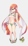  1girl bikini breasts domino_mask full_body green_bikini grey_background highres inkling iriehana lifebuoy mask micro_bikini navel nintendo orange_eyes pointy_ears salmon_run salmonid sandals simple_background solo splatoon splattershot_jr_(splatoon) standing swimsuit tentacle_hair 