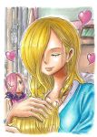  1boy 2girls :o blonde_hair blush child closed_eyes hair_over_one_eye hand_on_another&#039;s_head heart hug long_hair mother&#039;s_day mother_and_son multiple_girls one_piece pink_hair sanji scarf smile sparkle stt0tr vinsmoke_reiju vinsmoke_sora 