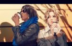 2girls black_hair black_jacket blonde_hair blue_eyes blue_scarf character_request coffee coffee_cup commentary_request copyright_request cup dark_skin disposable_cup holding holding_cup jacket multiple_girls sae_(revirth) scarf shadow sunglasses white_jacket 
