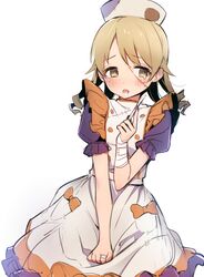  1girl blonde_hair blush bow bright_pupils commentary_request dress dress_tug embarrassed eyebrows_visible_through_hair fpanda hand_up hat highres holding idolmaster idolmaster_cinderella_girls idolmaster_cinderella_girls_starlight_stage looking_away morikubo_nono nurse nurse_cap open_mouth orange_bow puffy_short_sleeves puffy_sleeves scalpel scar short_hair short_sleeves simple_background solo tears white_background white_dress yellow_eyes 