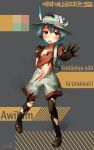  1girl backpack bag black_footwear black_gloves black_legwear blue_eyes blue_hair collarbone commentary_request crossed_bandaids eyebrows_visible_through_hair full_body gloves hat hat_feather highres kaban_(kemono_friends) kemono_friends language_request legwear_under_shorts looking_at_viewer navel open_mouth outstretched_arm pantyhose red_shirt shirt shoes short_hair shorts signature simple_background solo torn_clothes torn_gloves torn_hat torn_pantyhose torn_shirt torn_shorts translation_request welt_(kinsei_koutenkyoku) white_hat white_shorts 