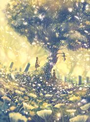  1boy 1girl ahoge braid day facing_away flower long_hair original outdoors sakimori_(hououbds) scenery short_hair sitting solo standing tree 