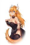 1girl bangs bare_shoulders black_dress black_legwear blonde_hair blue_eyes blush bowsette bracelet breasts brooch cleavage closed_mouth collar commentary_request covered_navel dress earrings fang hair_between_eyes hand_on_own_chest highres horns jewelry large_breasts lifted_by_self long_ponytail looking_at_viewer new_super_mario_bros._u_deluxe nintendo pointy_ears sidelocks simple_background skirt skirt_lift sleeveless sleeveless_dress smile solo spiked_bracelet spiked_collar spiked_shell spiked_tail spikes strapless strapless_dress super_crown super_mario_bros. tail thigh-highs turtle_shell white_background xian_yu_mo_ren