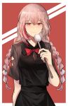  1girl absurdres alternate_costume alternate_hairstyle bangs black_dress blush bow bowtie braid breasts cizzi closed_mouth collared_dress dress eyebrows_visible_through_hair girls_frontline hair_between_eyes highres holding long_hair looking_at_viewer m4_sopmod_ii_(girls_frontline) medium_breasts multicolored_hair outside_border pink_hair red_eyes red_neckwear redhead sidelocks smile solo streaked_hair twin_braids upper_body 