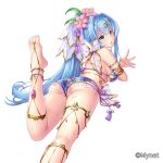  1girl :o armlet ass bare_back bare_shoulders barefoot barefoot_sandals bikini blue_bikini blue_eyes blush bow breasts circlet curvy feet flower from_behind gem hair_flower hair_intakes hair_ornament hand_up highres hips jewelry kneepits leg_up legs long_hair looking_at_viewer looking_back lying medium_breasts nail_polish official_art on_stomach open_mouth otosume_ruiko pink_flower pink_nails ponytail purple_flower sangoku_infinity side-tie_bikini simple_background solo swimsuit tassel thick_thighs thighlet thighs toenail_polish toenails toes under_boob veil very_long_hair water wet white_background white_bow wide_hips 