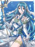  1girl aiueo1234853 aqua_(fire_emblem_if) blue_background blue_hair dress elbow_gloves fingerless_gloves fire_emblem fire_emblem_if gloves hair_between_eyes holding holding_spear holding_weapon jewelry long_hair necklace nintendo open_mouth polearm simple_background solo spear veil weapon white_dress yellow_eyes 