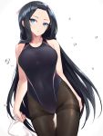  1girl absurdres air_bubble arms_at_sides bare_shoulders black_hair black_legwear blue_eyes bow breasts bubble covered_navel forehead hair_bow highres hikage_(sennen_sensou_aigis) long_hair looking_at_viewer medium_breasts one-piece_swimsuit pantyhose parted_lips ribbon sennen_sensou_aigis solo standing swimsuit thighband_pantyhose very_long_hair white_background white_ribbon yki 