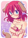  1girl animal_ears bare_shoulders blue_eyes blush breasts cleavage collar commentary_request dog_ears dog_tail fake_animal_ears fake_tail flower glasses hair_flower hair_ornament highres large_breasts no_game_no_life redhead short_hair solo stephanie_dora tail yuiti43 