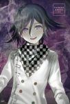  1boy :d black_hair chains checkered checkered_neckwear copyright_name cravat dangan_ronpa double-breasted eyebrows_visible_through_hair hair_between_eyes head_tilt kippu long_sleeves looking_at_viewer male_focus messy_hair multicolored_hair new_dangan_ronpa_v3 open_mouth ouma_kokichi pale_skin purple_background purple_hair ringed_eyes round_teeth safety_pin signature smile smoke solo streaked_hair teeth unmoving_pattern upper_body upper_teeth white_coat 