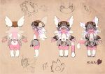  1other animal_ears brown_hair character_sheet claws concept_art ears_through_headwear eyebrows_visible_through_hair full_body furry hair_between_eyes heart helmet highres hikky long_hair looking_at_viewer mokuri multicolored_hair multiple_views navel paws pink_hair sketch solo tail translated tsukushi_akihito watermark wavy_mouth whiskers white_hair yellow_eyes 