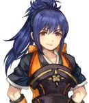  1girl armor blue_hair brown_eyes closed_mouth fire_emblem fire_emblem_if hairband japanese_clothes jurge long_hair nintendo oboro_(fire_emblem_if) ponytail short_sleeves simple_background smile solo upper_body white_background 