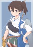  1girl apron blue_hakama brown_eyes brown_hair cbgb cowboy_shot gloves hakama hakama_skirt hand_on_hip highres japanese_clothes kaga_(kantai_collection) kantai_collection muneate partly_fingerless_gloves short_hair side_ponytail solo tasuki yugake yumi_(bow) 