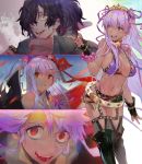  1boy 1girl :d bangs bb_(fate)_(all) bb_(swimsuit_mooncancer)_(fate) bikini black_coat black_gloves black_hair black_legwear bracelet breasts dark_skin earrings evil_smile fate/grand_order fate_(series) fingerless_gloves gloves hair_ornament hair_ribbon haori highres index_finger_raised japanese_clothes jewelry kibadori_rue large_breasts looking_at_viewer navel okada_izou_(fate) open_mouth purple_bikini purple_hair purple_ribbon red_eyes red_ribbon ribbon smile standing star star_earrings swimsuit thigh-highs wide-eyed yellow_eyes 