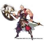  1boy 1girl armor axe battle_axe beard boots breastplate closed_mouth facial_hair fantasy_earth_genesis grey_hair holding holding_weapon looking_at_viewer matsui_hiroaki muscle mustache official_art pants red_pants shirt sleeveless sleeveless_shirt smile solo two-handed veins waist_cape weapon wristband 