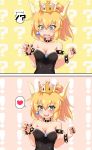  ! !? 1girl 2koma ? bangs bare_shoulders black_dress black_nails blonde_hair blue_eyes blush bowsette bracelet breasts claw_pose cleavage collar comic crown dress eyebrows_visible_through_hair gem hair_between_eyes heart highres horns jewelry koda long_hair looking_at_viewer super_mario_bros. medium_breasts multiple_views nail_polish new_super_mario_bros._u_deluxe nintendo open_mouth pointy_ears ponytail sharp_teeth smile speech_bubble spiked_armlet spiked_bracelet spiked_collar spiked_shell spikes spoken_heart strapless strapless_dress super_crown sweatdrop teeth upper_body 
