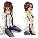  1girl black_pants breasts brown_eyes brown_hair cleavage collarbone dress_shirt glasses hange_zoe highres looking_at_viewer midriff navel null_(chronix) open_clothes open_mouth open_shirt pants shingeki_no_kyojin shirt short_hair simple_background sitting small_breasts solo stomach wet wet_clothes wet_hair wet_shirt white_background white_shirt 