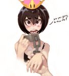  1boy 1girl bangs black_eyes black_hair blush bob_cut breasts chain chained chains cleavage collar collar_tug collarbone commentary couple cropped_torso crown d: english english_commentary furrowed_eyebrows hair_between_eyes hands head_out_of_frame hetero highres leash looking_at_viewer super_mario_bros. metal_collar new_super_mario_bros._u_deluxe nintendo nose_blush open_mouth parted_bangs personification pov pov_hands princess princess_chain_chomp sharp_teeth shnider short_hair simple_background solo_focus super_crown tears teeth upper_body very_short_hair white_background |_| 