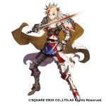  1boy armor blonde_hair breastplate brown_cape cape closed_mouth fantasy_earth_genesis fighting_stance full_body gauntlets holding holding_sword holding_weapon legs_apart looking_at_viewer male_focus matsui_hiroaki metal_boots multicolored_hair official_art pauldrons red_eyes simple_background smile solo standing streaked_hair sword watermark weapon white_background 