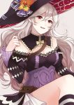  1girl aym_(ash3ash3ash) belt breasts cleavage detached_collar female_my_unit_(fire_emblem_if) fire_emblem fire_emblem_if hat highres long_hair long_sleeves medium_breasts my_unit_(fire_emblem_if) nintendo parted_lips pointy_ears red_eyes simple_background solo white_hair witch_hat 