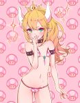  1girl :d bare_shoulders bikini black_collar blonde_hair blue_eyes blush bowsette collar collarbone commentary_request cowboy_shot crown earrings fang fingernails high_ponytail highres horns jewelry long_hair looking_at_viewer super_mario_bros. mini_crown mushroom nail_polish navel new_super_mario_bros._u_deluxe nintendo open_mouth pink_background pink_bikini pointy_ears polka_dot polka_dot_bikini ponytail red_nails sidelocks smile solo sparkle spiked_armlet spiked_collar spikes super_crown swimsuit very_long_hair xenxen 