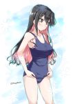  1girl adjusting_clothes adjusting_swimsuit alternate_costume ass ass_visible_through_thighs bangs black_hair blush breasts closed_mouth collarbone commentary_request eyebrows_visible_through_hair floral_background floral_print hair_between_eyes kantai_collection large_breasts long_hair mikage_takashi multicolored_hair naganami_(kantai_collection) one-piece_swimsuit pink_hair simple_background solo standing swimsuit thighs two-tone_hair wavy_hair yellow_eyes 