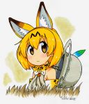  1girl absurdres animal_ears artist_name bangs bow bowtie closed_mouth commentary elbow_gloves eyebrows_visible_through_hair fanta_(the_banana_pistols) gloves grass hat_feather helmet highres japari_symbol kemono_friends light_frown looking_at_viewer pith_helmet print_gloves print_neckwear serval_(kemono_friends) serval_ears serval_print shirt short_hair signature sleeveless sleeveless_shirt solo standing traditional_media upper_body white_gloves white_shirt yellow_neckwear 