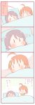  &gt;_&lt; 2girls 4koma ahoge bangs blanket blush bow braid chibi clover_hair_ornament comic commentary_request flying_sweatdrops grey_hair hair_bow hair_ornament looking_at_another love_live! love_live!_sunshine!! multiple_girls orange_hair pillow saku_usako_(rabbit) short_hair side_braid takami_chika translation_request under_covers watanabe_you yellow_bow |_| 