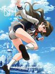  1girl ascii_media_works ass black_shirt breasts brown_eyes brown_hair clouds cover from_behind hair_ornament hairclip highres kneehighs long_hair looking_back mbs official_art shinomiya_himawari shirt shoes short_shorts shorts sky solo tanaka_yuusuke tokyo_mx vividred_operation white_legwear white_shirt 