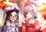  2girls :d asymmetrical_hair autumn_leaves beret black_hair blue_eyes blush bra_strap breasts commentary_request dango fate/grand_order fate_(series) food hair_ornament hair_over_shoulder hair_scrunchie hane_yuki hat hat_ribbon heroic_spirit_traveling_outfit highres jewelry large_breasts leaf leaf_earrings long_hair looking_at_viewer maple_leaf miyamoto_musashi_(fate/grand_order) multiple_girls necklace off-shoulder_sweater open_mouth osakabe-hime_(fate/grand_order) pink_hair ponytail red-framed_eyewear red_eyes ribbon scrunchie smile spiky_hair sweater wagashi 