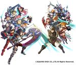  6+boys 6+girls :d absurdres armor axe black_hat blonde_hair blue_eyes blue_hair blue_hat bodysuit boots bow bow_(weapon) brown_hair claw_(weapon) crystal everyone fantasy_earth_genesis green_hair gun hat helmet highres holding holding_bow_(weapon) holding_sword holding_weapon long_hair mask matsui_hiroaki metal_boots multiple_boys multiple_girls official_art open_mouth orange_hair pink_hair polearm silver_hair skirt smile spear standing sword thigh-highs twintails two-handed watermark weapon 