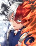  1boy boku_no_hero_academia eyebrows_visible_through_hair fire green_eyes grey_eyes heterochromia looking_at_viewer megiha multicolored_hair parted_lips redhead silver_hair snow solo todoroki_shouto upper_body 