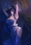  albedo armpits arms_up black_hair black_wings demon_girl demon_horns dress feathered_wings gloves highres horns low_wings navel ousang overlord_(maruyama) side_cutout slit_pupils smile white_dress white_gloves wings yellow_eyes 