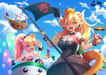  1up aircraft airship black_dress blonde_hair blue_eyes blue_sky bob-omb bowsette bowsette_jr. bracelet breasts brooch bullet_bill choker cleavage dress earrings eyebrows_visible_through_hair fang fangs highres horns jewelry looking_at_viewer mario mother_and_daughter mushroom new_super_mario_bros._u_deluxe nintendo open_mouth pixitales pointy_ears ponytail sky smile spiked_armlet spiked_bracelet spiked_choker spikes strapless strapless_dress super_crown super_mario_bros. tail warp_pipe 