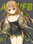  1girl bangs black_dress blonde_hair blush breasts camouflage_jacket choker cleavage collarbone covered_navel cowboy_shot dress eyebrows_visible_through_hair girls_frontline green_eyes highres jacket legs_together long_hair long_sleeves looking_at_viewer no_bra off_shoulder paint_stains rfb_(girls_frontline) shadow short_dress side_bun sleeves_past_wrists smile solo standing thigh_gap torn_clothes torn_dress uchuuneko 