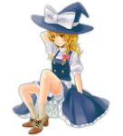  1girl arm_up blonde_hair bow braid brown_footwear full_body grimace hair_bow hat hat_bow high_heels kirisame_marisa long_hair mad39 multiple_girls navy_blue_hat navy_blue_skirt parted_lips pink_bow short_sleeves single_braid sitting socks solo touhou white_bow witch_hat yellow_eyes 