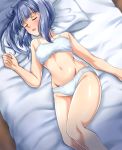  1girl bangs bare_arms bare_legs bare_shoulders bed_sheet blue_hair blush bra breasts collarbone eyebrows_visible_through_hair feet_out_of_frame groin hand_up head_tilt highres kantai_collection kasumi_(kantai_collection) long_hair lying navel on_back on_bed open_mouth panties pillow shiny shiny_skin side_ponytail sidelocks sleeping small_breasts solo stomach underwear underwear_only white_bra white_panties zanntetu 