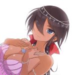  1girl akagi_(fmttps) armlet artist_name bangs black_eyes black_hair bow bracelet breasts circlet cleavage closed_mouth commentary dark_skin dress dutch_angle eyebrows_visible_through_hair eyes_visible_through_hair girls_und_panzer hair_bow hair_over_one_eye hands_on_own_chest jewelry lips long_hair looking_at_viewer medium_breasts necklace ogin_(girls_und_panzer) ponytail portrait purple_dress red_bow simple_background smile solo twitter_username white_background 