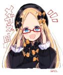  1girl :d abigail_williams_(fate/grand_order) bangs bespectacled black_bow black_dress black_hat blonde_hair blue_eyes blush bow commentary dress eyebrows_visible_through_hair fate/grand_order fate_(series) forehead glasses hair_bow hat head_tilt long_hair long_sleeves looking_at_viewer notice_lines open_mouth orange_bow parted_bangs red-framed_eyewear signature simple_background sleeves_past_wrists smile sofra solo symbol_commentary translated upper_body very_long_hair white_background 