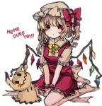  1girl arms_between_legs bangs blonde_hair bow brown_shirt chestnut_mouth collar collared_shirt commentary_request flandre_scarlet hat looking_at_viewer red_bow red_eyes red_vest sato_imo shirt short_hair short_sleeves sitting solo touhou vest wariza white_background yellow_neckwear 