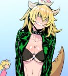  1girl black_collar blonde_hair blue_background blush bowsette breasts cleavage collar collarbone commentary_request crown eyebrows_visible_through_hair genderswap green_jacket hair_between_eyes horns jacket large_breasts super_mario_bros. midriff navel new_super_mario_bros._u_deluxe nintendo o-ring o-ring_bikini o-ring_top open_clothes open_jacket pointy_ears princess_peach sharp_teeth smile spiked_collar spiked_tail spikes super_crown super_mario_bros. tail teeth thick_eyebrows tkhs transformation 