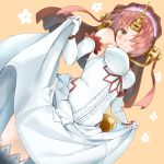  1girl breasts brown_eyes dress elbow_gloves fate/apocrypha fate/grand_order fate_(series) frankenstein&#039;s_monster_(fate) gloves hair_over_eyes hair_over_one_eye headgear highres horn looking_at_viewer nyoon pink_hair short_hair solo veil wedding_dress white_dress white_gloves 