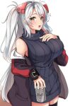  1girl :d absurdres azur_lane bangs bare_shoulders black_jacket black_legwear black_sweater breasts brown_eyes can eyebrows_visible_through_hair greyscale hand_up headgear highres holding holding_can jacket large_breasts long_hair long_sleeves looking_at_viewer monochrome moyoron multicolored_hair off_shoulder open_clothes open_jacket prinz_eugen_(azur_lane) redhead silver_hair simple_background sleeveless sleeveless_sweater sleeveless_turtleneck sleeves_past_wrists smile solo streaked_hair sweater thigh-highs turtleneck turtleneck_sweater two_side_up unfinished very_long_hair white_background 