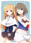  2girls ;d aa_(sin2324) azur_lane bangs bare_shoulders black_skirt blonde_hair blue_eyes blue_shirt brown_gloves brown_hair capelet character_name cleveland_(azur_lane) collarbone commentary_request crossed_arms crossover eyebrows_visible_through_hair fingerless_gloves gloves hair_between_eyes hair_ornament hairclip head_tilt highres kantai_collection long_hair long_sleeves maya_(kantai_collection) midriff multiple_girls navel neckerchief one_eye_closed one_side_up open_mouth pleated_skirt red_eyes red_neckwear school_uniform serafuku shirt skirt sleeveless sleeveless_shirt smile star sweat very_long_hair white_capelet white_skirt x_hair_ornament 
