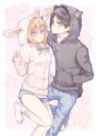  1boy 1girl animal_hood blonde_hair blue_eyes christa_renz eren_yeager hood hoodie shingeki_no_kyojin socks tonshi 