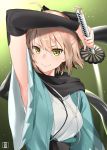  &gt;:) 1girl ahoge arm_guards armpits bangs black_bow black_scarf blonde_hair bow breasts closed_mouth commentary_request fate/grand_order fate_(series) hair_between_eyes hair_bow half_updo haori holding holding_sword holding_weapon japanese_clothes katana kimono koha-ace looking_at_viewer murio okita_souji_(fate) okita_souji_(fate)_(all) sash scarf short_hair sleeveless sleeveless_kimono smile solo sword v-shaped_eyebrows weapon white_kimono wide_sleeves yellow_eyes 