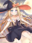  1girl abigail_williams_(fate/grand_order) back_bow bangs black_bow black_dress black_hat blonde_hair blue_eyes blush bow bug butterfly closed_mouth clouds cloudy_sky collarbone commentary_request dress eyebrows_visible_through_hair fate/grand_order fate_(series) forehead full_moon hat hat_bow highres insect long_hair long_sleeves moon off-shoulder_dress off_shoulder orange_bow parted_bangs sky smile solo tsukiyono very_long_hair witch_hat 