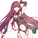  1girl arm_up armpits breasts erect_nipples fate/grand_order fate_(series) gae_bolg heidegg highres holding holding_weapon long_hair medium_breasts open_mouth pauldrons polearm purple_hair red_eyes scathach_(fate)_(all) scathach_(fate/grand_order) shoulder_armor solo spear thighs weapon 