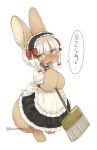  1girl alternate_costume alternate_hairstyle animal_ears artist_name blush bow braid broom eyebrows_visible_through_hair full_body furry highres holding holding_broom kawasemi27 looking_at_viewer made_in_abyss maid_headdress nanachi_(made_in_abyss) open_mouth red_bow short_hair solo speech_bubble tail translated twin_braids twitter_username yellow_eyes 